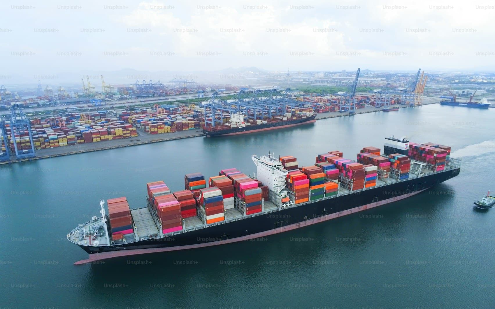 Container vessel leaving a port